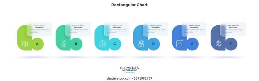 Progress bar with 6 abstract frames behind translucent rectangular elements in horizontal row. Concept of six steps to business success. Minimal infographic design template. Flat vector illustration.