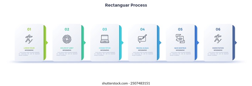 Progress bar with 6 arrows behind white rectangular elements placed in horizontal row. Concept of six steps to business success. Minimal infographic design template. Flat vector illustration.