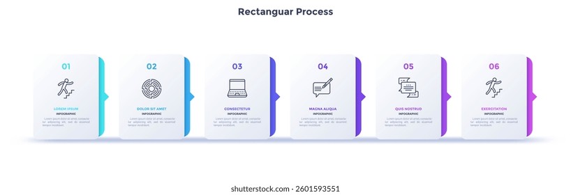 Progress bar with 6 arrows behind white rectangular elements placed in horizontal row. Concept of six steps to business success. Minimal infographic design template. Flat vector illustration.