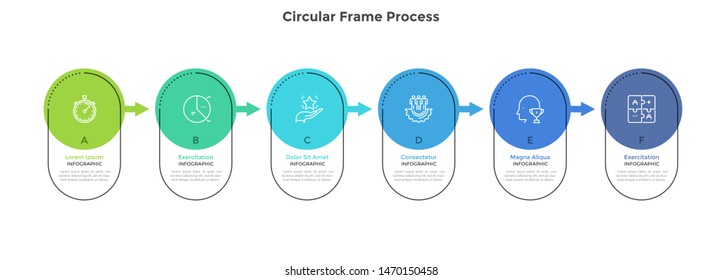 Progress bar with 6 colorful rounded frame elements connected by arrows. Concept of six stages of business development. Modern infographic design template. Flat vector illustration for website.