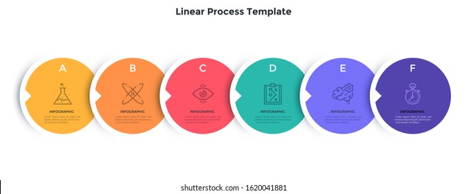 Progress bar with 6 overlaying colorful circular paper elements placed in horizontal row. Concept of six steps of business development. Flat infographic design template. Minimal vector illustration.