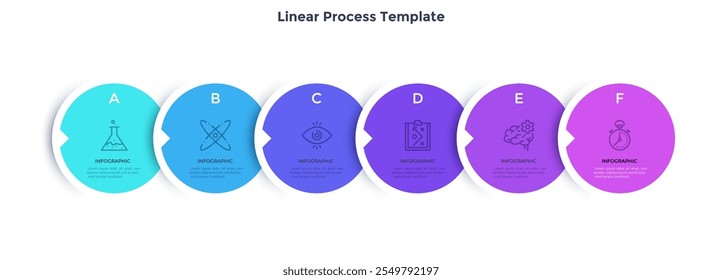 Barra de progreso con 6 Elementos de papel circulares de colores superpuestos colocados en fila Horizontal. Concepto de seis pasos de desarrollo empresarial. Plantilla plana de diseño infográfico. Ilustración vectorial mínima.