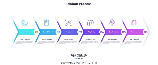 Progress bar with 6 overlaying paper white arrows placed in horizontal row. Concept of six steps to business goal achievement. Modern infographic design template. Minimal flat vector illustration.