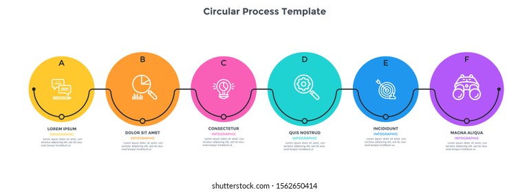 Progress bar with 6 round elements placed in horizontal row and connected. Concept of six stages of business development process. Simple infographic design template. Modern vector illustration.