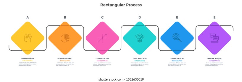 Progress bar with 6 square elements placed in horizontal row. Concept of six steps of startup project development. Simple infographic design template. Modern vector illustration for presentation.