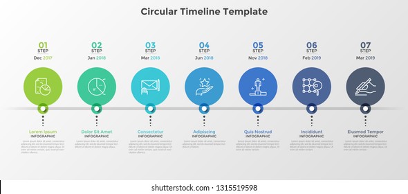 Progress bar with 7 circular elements connected by line and date indication. Seven steps of startup project development. Modern infographic design template. Vector illustration for business report.
