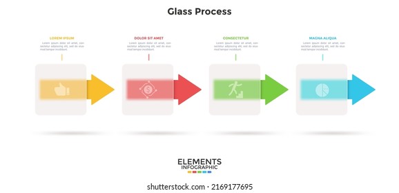 Barra de progreso con flechas detrás de elementos cuadrados translúcidos colocados en fila horizontal. Concepto de proceso comercial transparente. Plantilla sencilla de diseño infográfico. Ilustración vectorial plana moderna.