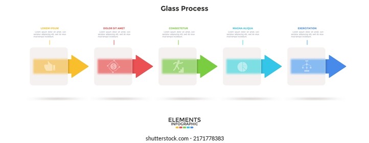 Progress bar with arrows behind square translucent elements placed in horizontal row. Concept of transparent business process. Simple infographic design template. Modern flat vector illustration.