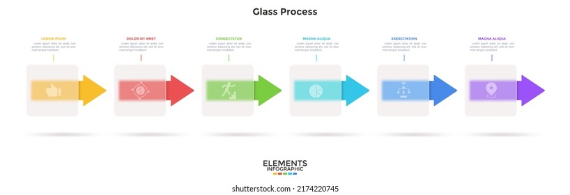 Barra de progreso con flechas detrás de elementos cuadrados translúcidos colocados en fila horizontal. Concepto de proceso comercial transparente. Plantilla sencilla de diseño infográfico. Ilustración vectorial plana moderna.