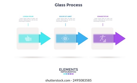 Progress bar with arrows behind square translucent elements placed in horizontal row. Concept of transparent business process. Simple infographic design template. Modern flat vector illustration.