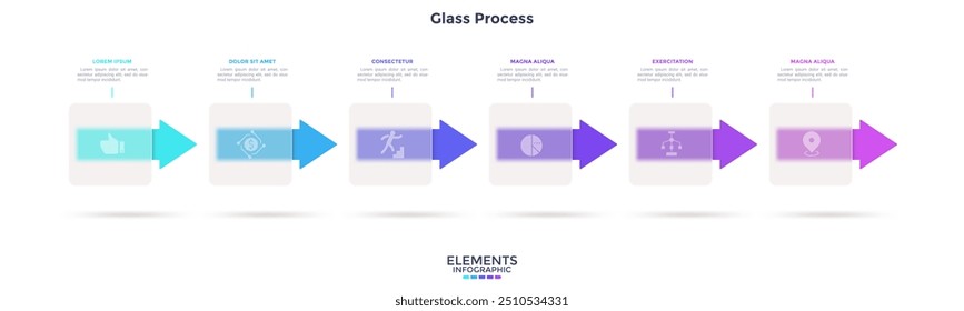 Barra de progresso com setas atrás de elementos translúcidos quadrados colocados na linha horizontal. Conceito de processo de negócios transparente. Modelo de design infográfico simples. Ilustração vetorial plana moderna.