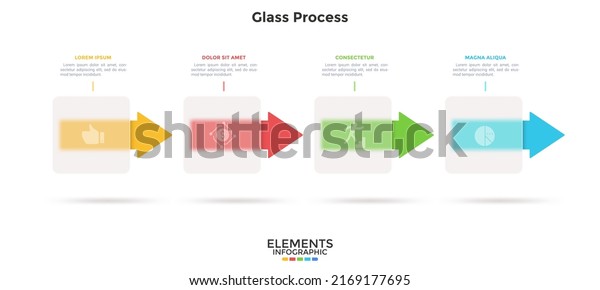 Progress bar with arrows behind square
translucent elements placed in horizontal row. Concept of
transparent business process. Simple infographic design template.
Modern flat vector
illustration.