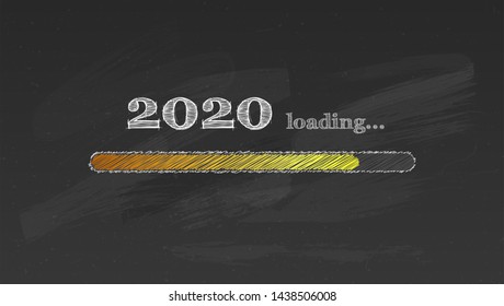 Progress bar counting down for New 2020 year s eve. Handwritten lettering of chalk on blackboard in doodle style. Loading bar on school chalkboard. Counting of time reaching a New Year