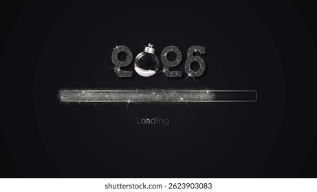 Progress bar with dark particles on black Download New Year's Eve. Loading animation screen with Glitter confetti shows almost reaching 2026. Creative festive banner with shiny progress bar