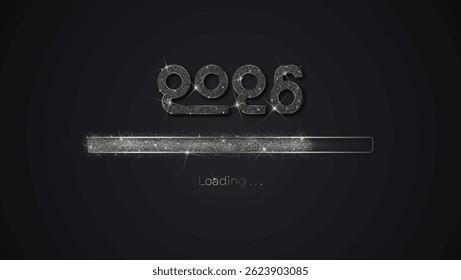 Progress bar with dark particles on black Download New Year's Eve. Loading animation screen with Glitter confetti shows almost reaching 2026. Creative festive banner with shiny progress bar