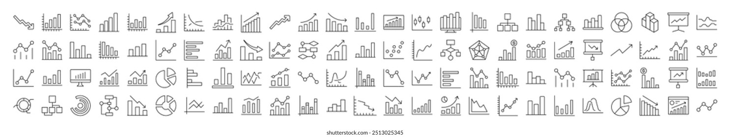 Progress Bar, Diagram, Statistics Outline Web Line Icons Collection. Editable Stroke. Minimalistic Linear Pictogram for Design of Cards, Apps, Banners, Posts