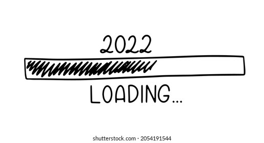 Progress bar in doodle sketch style. 2022 Loading icon image. Hand drawn vector illustration.