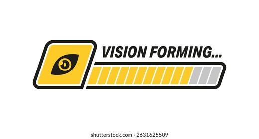 Barra de progresso com ícone de olho e texto "Vision Forming...", simbolizando ideias em desenvolvimento, planejamento ou pensamento futurista em andamento.