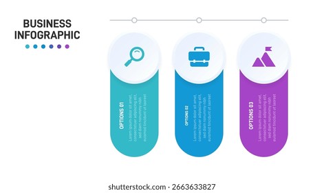 Barra de progresso com 3 elementos em forma de seta, simbolizando os três estágios de estratégia e progressão de negócios. Modelo de design de infográfico de linha do tempo limpo. Vetor para apresentação móvel.