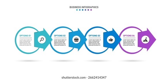 Barra de progresso com 4 elementos em forma de seta, simbolizando os quatro estágios da estratégia e progressão de negócios. Modelo de design de infográfico de linha do tempo limpo. Vetor para apresentação móvel.