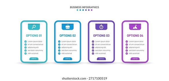 Barra de progreso con 4 Elementos en forma de flecha, que simbolizan las cuatro etapas de la estrategia y la progresión empresarial. Plantilla de diseño de infografía de línea de tiempo limpia. Vector para presentación móvil.