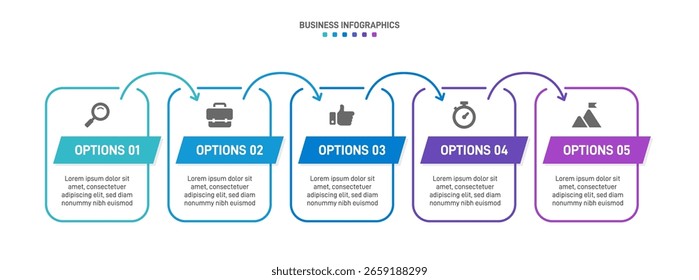 Progress bar featuring 5 arrow-shaped elements, symbolizing the five stages of business strategy and progression. Clean timeline infographic design template. Vector for mobile presentation.