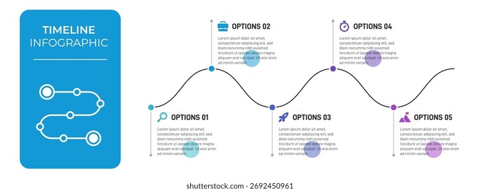 Barra de progresso com 5 elementos em forma de seta, simbolizando os cinco estágios de estratégia e progressão de negócios. Modelo de design de infográfico de linha do tempo limpo. Vetor para apresentação móvel.