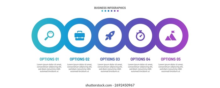 Barra de progresso com 5 elementos em forma de seta, simbolizando os cinco estágios de estratégia e progressão de negócios. Modelo de design de infográfico de linha do tempo limpo. Vetor para apresentação móvel.