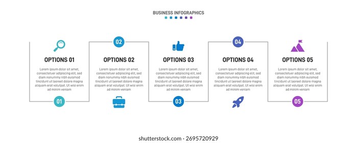 Progress bar featuring 5 arrow-shaped elements, symbolizing the five stages of business strategy and progression. Clean timeline infographic design template. Vector for mobile presentation.