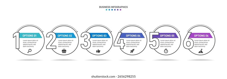 Barra de progreso con 6 Elementos en forma de flecha, que simbolizan las seis etapas de la estrategia y la progresión empresarial. Plantilla de diseño de infografía de línea de tiempo limpia. Vector para presentación móvil.