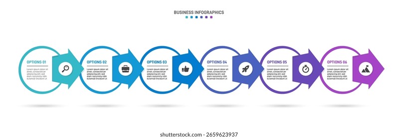 Progress bar featuring 6 arrow-shaped elements, symbolizing the six stages of business strategy and progression. Clean timeline infographic design template. Vector for mobile presentation.