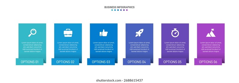 Progress bar featuring 6 arrow-shaped elements, symbolizing the six stages of business strategy and progression. Clean timeline infographic design template. Vector for mobile presentation.