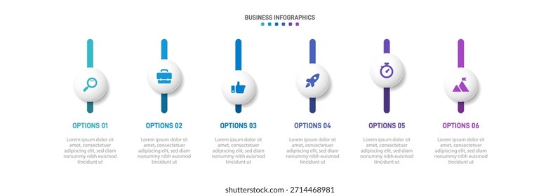 Fortschrittsbalken mit 6 pfeilförmigen Elementen, die die sechs Phasen der Geschäftsstrategie und des Fortschritts symbolisieren. Entwurfsvorlage für die Infografik der Zeitleiste säubern. Vektor für mobile Präsentation.