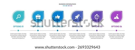 Progress bar featuring 6 arrow-shaped elements, symbolizing the six stages of business strategy and progression. Clean timeline infographic design template. Vector for mobile presentation.