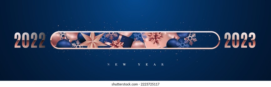 Progress bar filled with Christmas gifts, Christmas decorations and snowflakes. Loading bar counting down for New years eve. Happy New Year 2023.