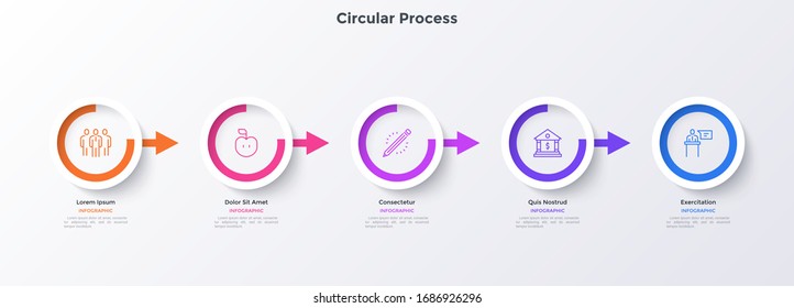 Progress bar with five circular elements connected by arrows. Concept of 5 stages of education process. Simple infographic design template. Modern flat vector illustration for presentation, banner.