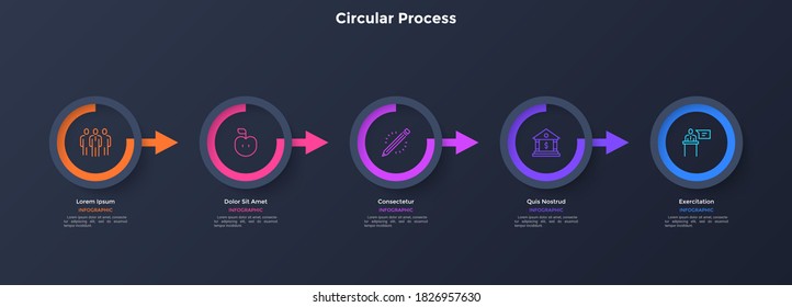 Progress bar with five circular elements connected by arrows. Concept of 5 stages of education process. Simple infographic design template. Modern flat vector illustration for presentation, banner.