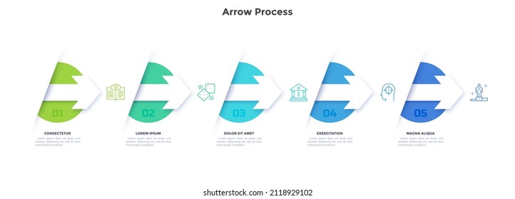 Progress bar with five circular elements placed in horizontal row and connected by arrows. Concept of 5 successive steps of project development. Flat infographic vector illustration for presentation.