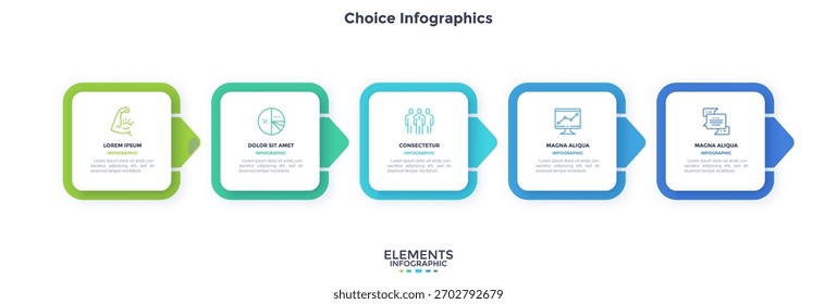 Fortschrittsbalken mit fünf bunten Pfeilen und weißen quadratischen Papierelementen in horizontaler Reihe. Konzept von 4 Schritten bis zum Projektabschluss. Einfache Infografik-Entwurfsvorlage. Vektorgrafik.