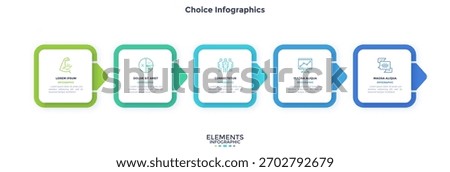 Progress bar with five colorful arrows and paper white square elements placed in horizontal row. Concept of 4 steps to project completion. Simple infographic design template. Vector illustration.