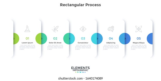 Progress bar with five overlapping paper white rectangular cards connected by arrows. Concept of 5 steps of business development process. Minimal infographic design template. Vector illustration.