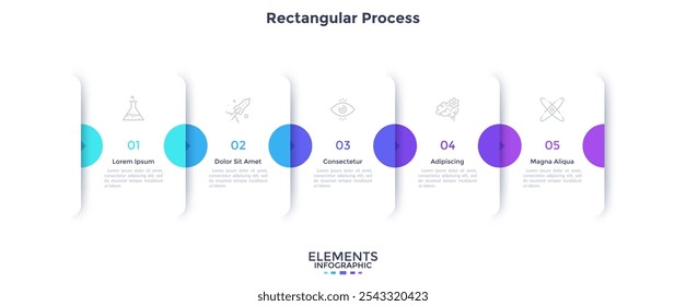 Progress bar with five overlapping paper white rectangular cards connected by arrows. Concept of 5 steps of business development process. Minimal infographic design template. Vector illustration.