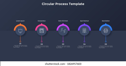 Progress bar with five paper black round elements placed in horizontal row. Concept of 5-stepped business development process. Simple infographic design template. Modern flat vector illustration.