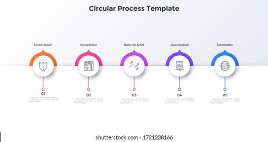Progress bar with five paper white round elements placed in horizontal row. Concept of 5-stepped business development process. Simple infographic design template. Modern flat vector illustration.
