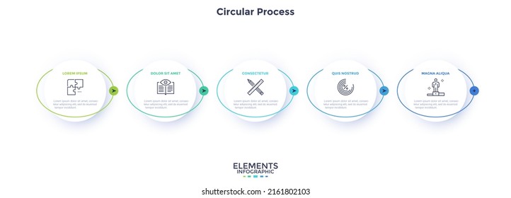 Progress bar with five paper white round elements placed in horizontal row and connected by arrows. Concept of 5-staged business process. Simple infographic design template. Flat vector illustration.