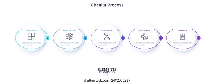 Fortschrittsbalken mit fünf weißen, runden Elementen in Horizontaler Reihe, die durch Pfeile miteinander verbunden sind. Konzept des 5-stufigen Geschäftsprozesses. Einfache infografische Design-Vorlage. Flache Vektorillustration.