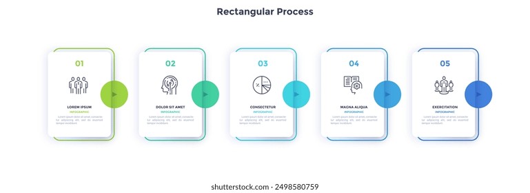 Progress bar with five paper white rectangular elements with pointers arranged in horizontal row. Concept of 5 steps of business process. Simple infographic design template. Flat vector illustration.