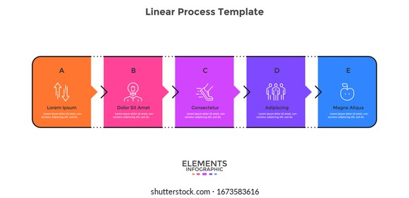 Progress bar with five rectangular elements connected by arrows. Concept of 5 stages to business project completion. Minimal infographic design template. Flat vector illustration for presentation.