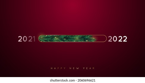 Progress bar in form of Christmas tree branches. Loading bar from 2021 to 2022 on dark red background. Creative festive banner. Happu New Year 2022.