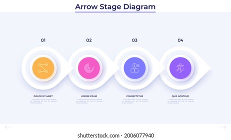 Progress bar with four circular pointers arranged in horizontal row. Concept of 4 successive steps of business development process. Simple infographic design template. Modern flat vector illustration.